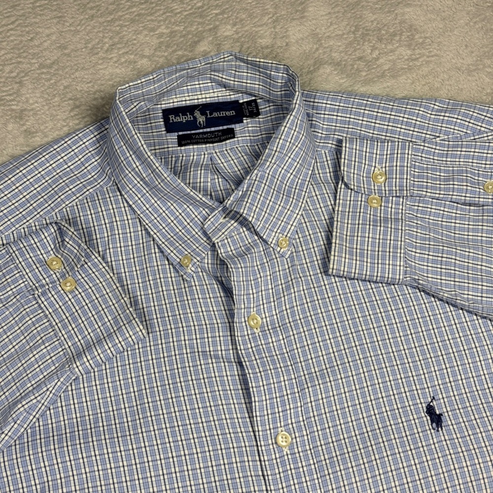 Ralph Lauren Button Down Shirt Mens 17 34/35 Blue Check Yarmouth Pinpoint Oxford